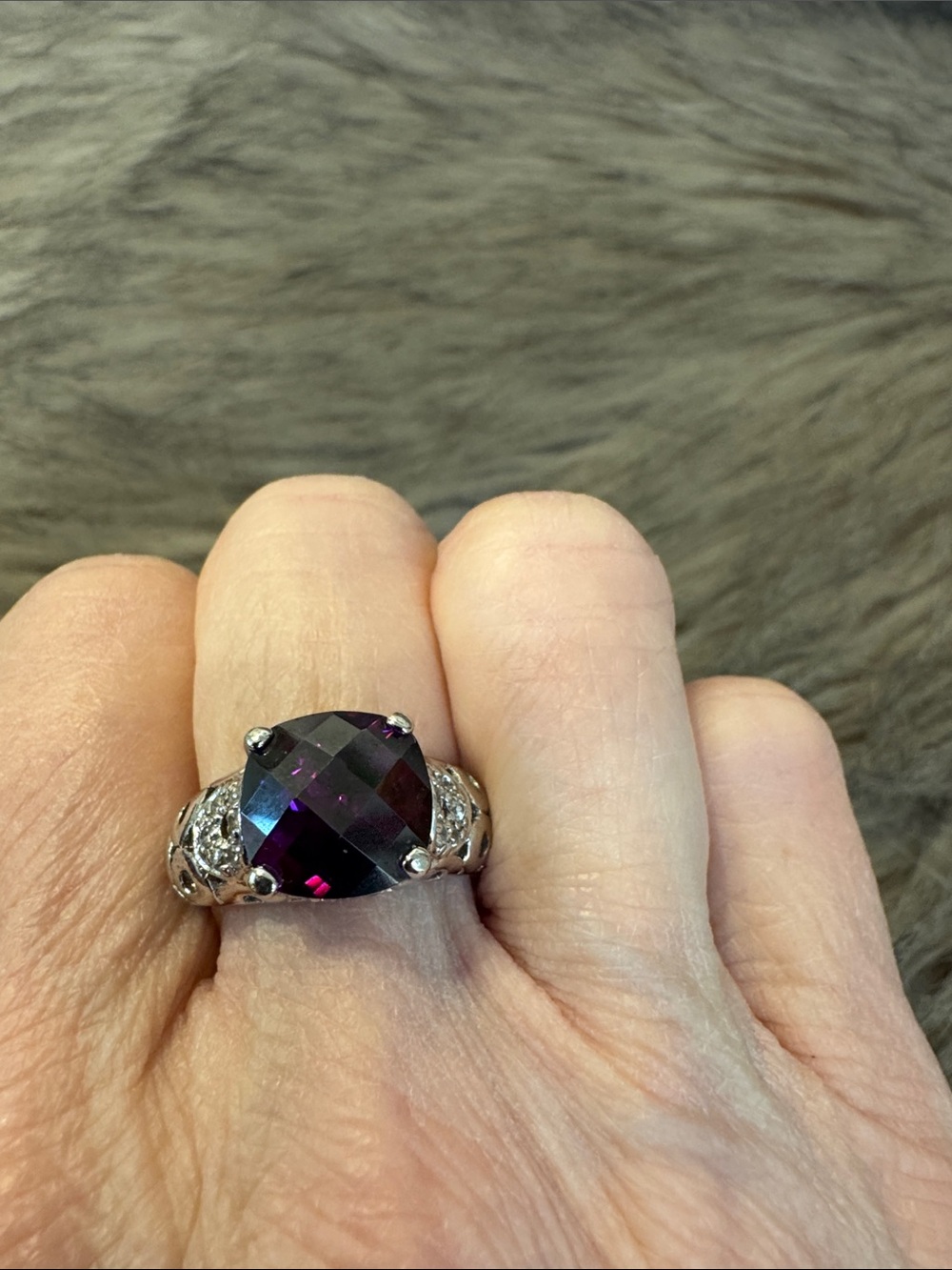 Silver Cocktail Ring with Deep Purple Amethyst Faceted Stone